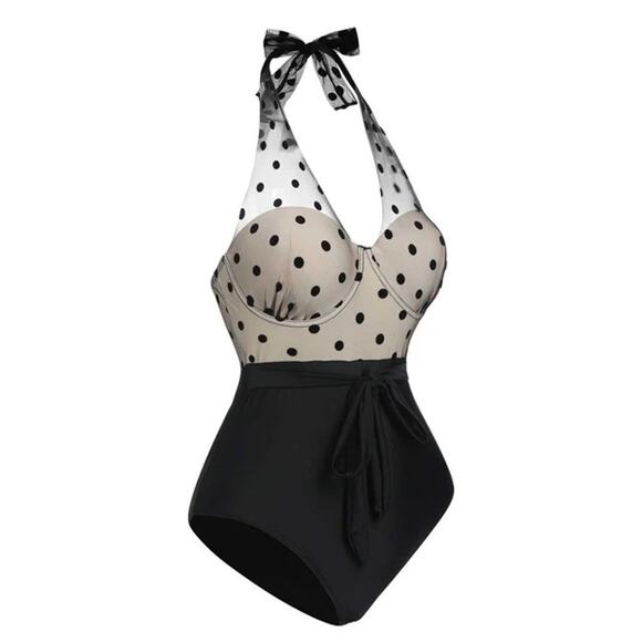 Retro Stage🌿Black Polka Dot Halter Swimsuit XL Mesh Pin-Up 1950's Inspired - Picture 1 of 9